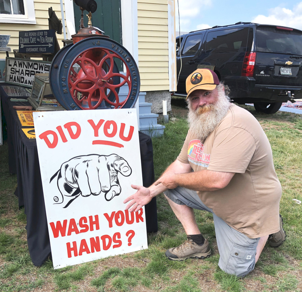 John Lord, Antiques and Tyme, Wells, Maine, had about 60 or 70 trade signs. This one is particularly appropriate to the times and was priced $300.