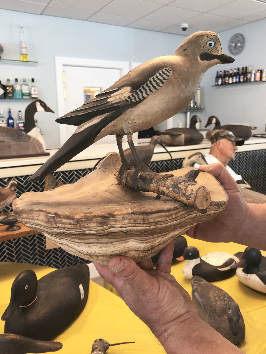 Byron Bruffee, Medomak Gallery, Warren, Maine, said that carved and painted jays like this one are sometimes sold as having originated in Pennsylvania. In fact, he said, they originated in the Black Forest region of Switzerland and Germany. This example, circa 1890, was priced at $1,800.