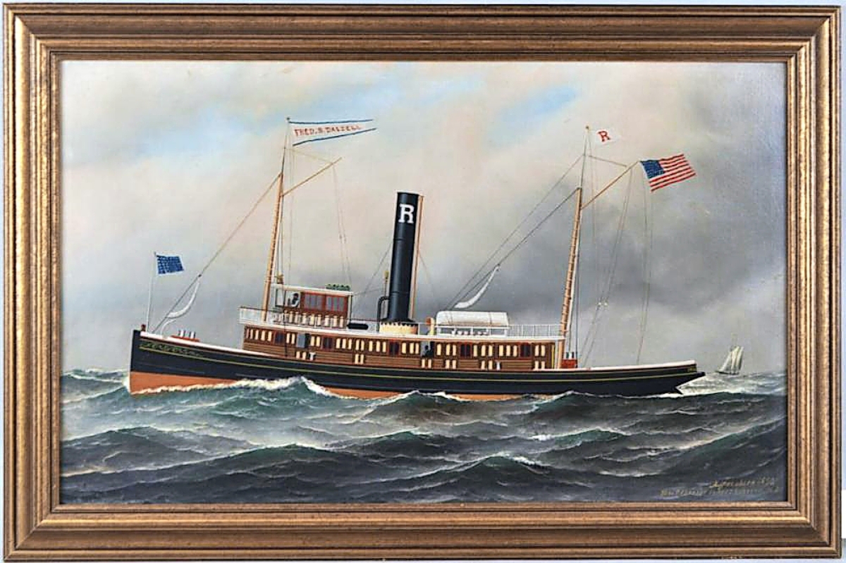 The top lot in the sale was Antonio Jacobsen’s painting of the tugboat Fred B. Dalzell, which was painted for owner Fred B. Dalzell in 1892. Eight phone bidders, as well as online competition, took the lot from a $3/4,000 estimate to $30,500, paid by Rehs Galleries.