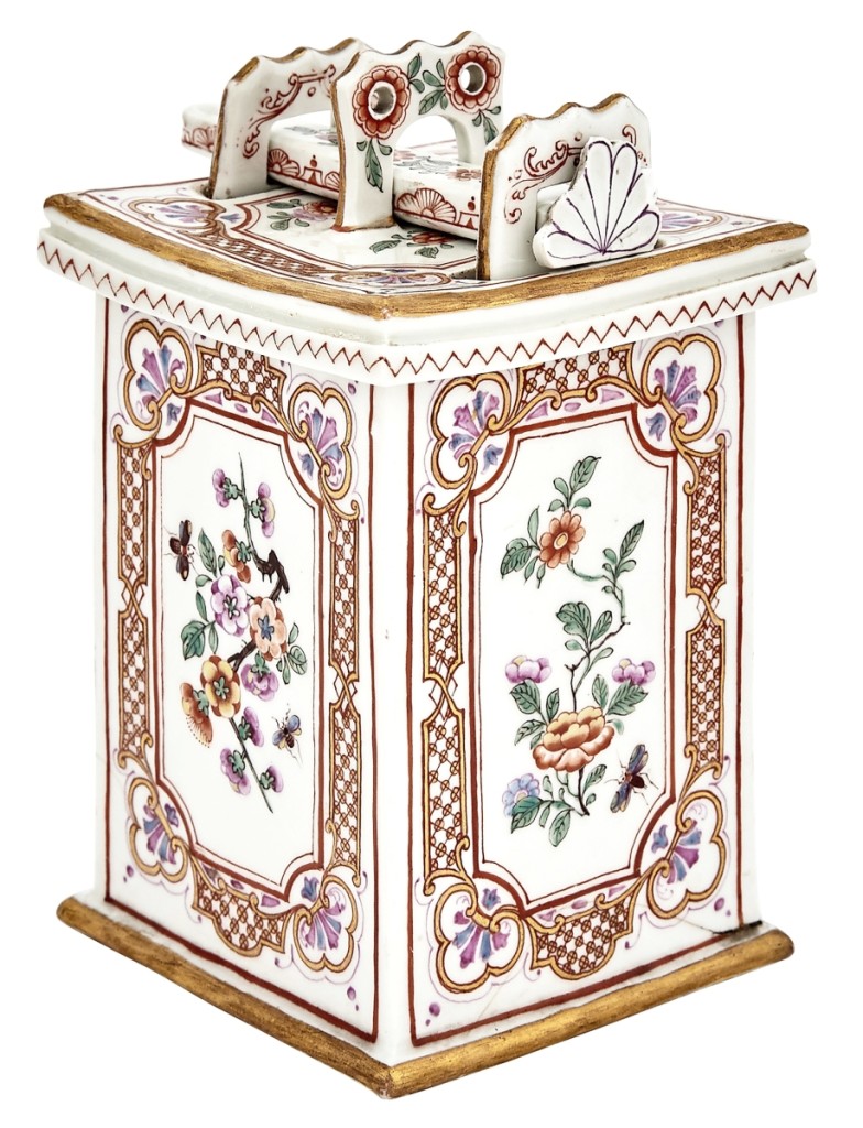 Leading the sale at $94,500 was this 6¼-inch-tall porcelain tobacco box, cover and tamper made in Vienna by du Paquier, circa 1730. A new client to Doyle, bidding from Asia, won the lot ($15/25,000).