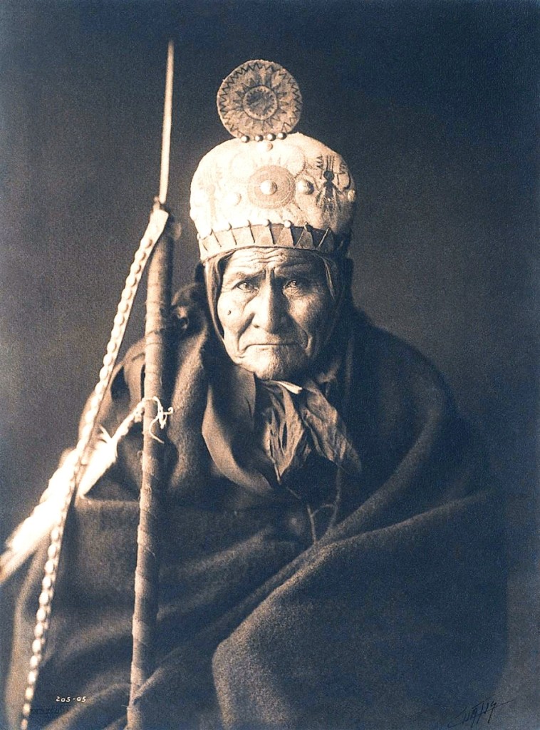 “Geronimo – Apache,” 1905, platinum print, 15-  by 11-9/16 inches, $120,000 ($120/180,000). Ten or fewer examples of this photograph, regarded as the foremost portrait of the great warrior, are known. According to SFAA, the work, still in its original frame, is “arguably the single most important image from Curtis’ 30-year odyssey and the 40,000 and 50,000 negatives he created while photographing the North American Indian.”