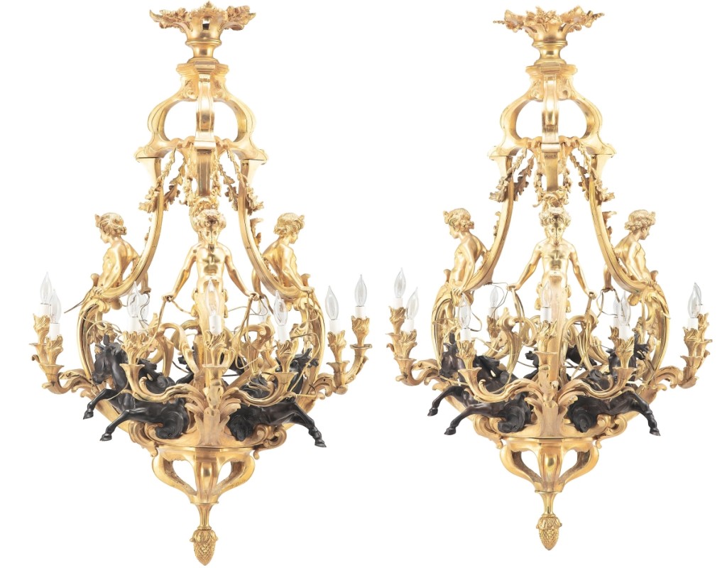This pair of Louis XV-style gilt and patinated bronze nine-light figural chandelier bore the signature of F. Linke and finished at $32,500.