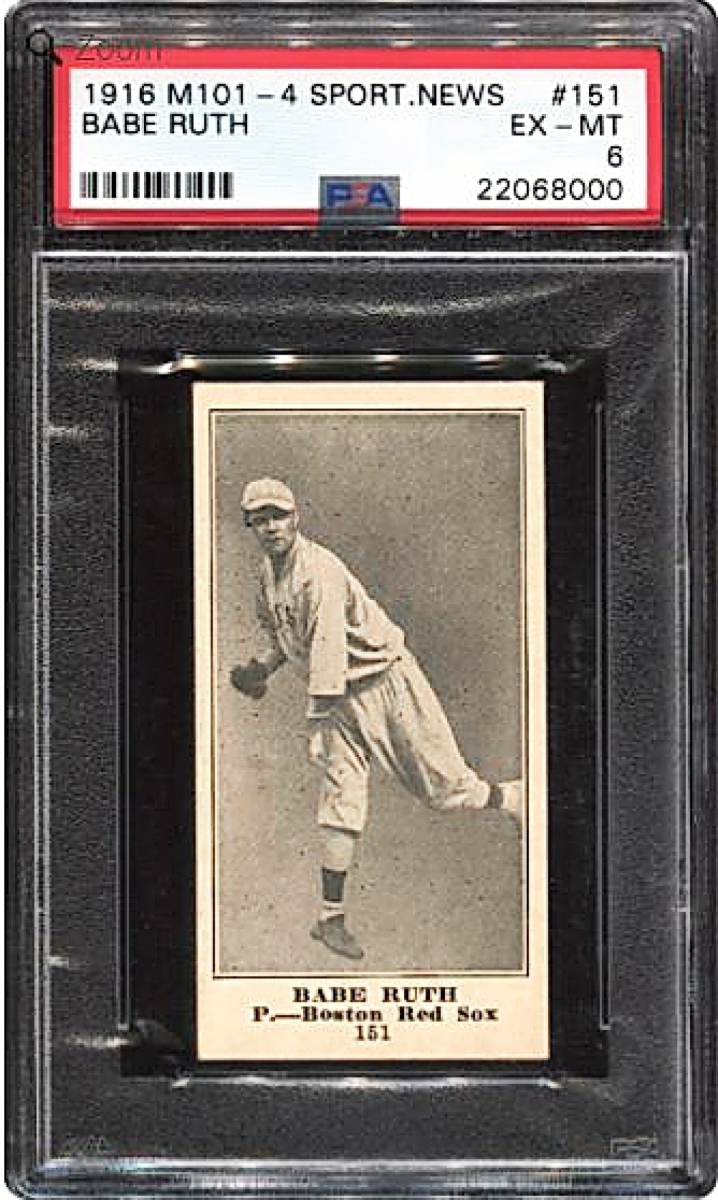 A 1916 Sporting News Babe Ruth rookie card fetched $1,452,000.