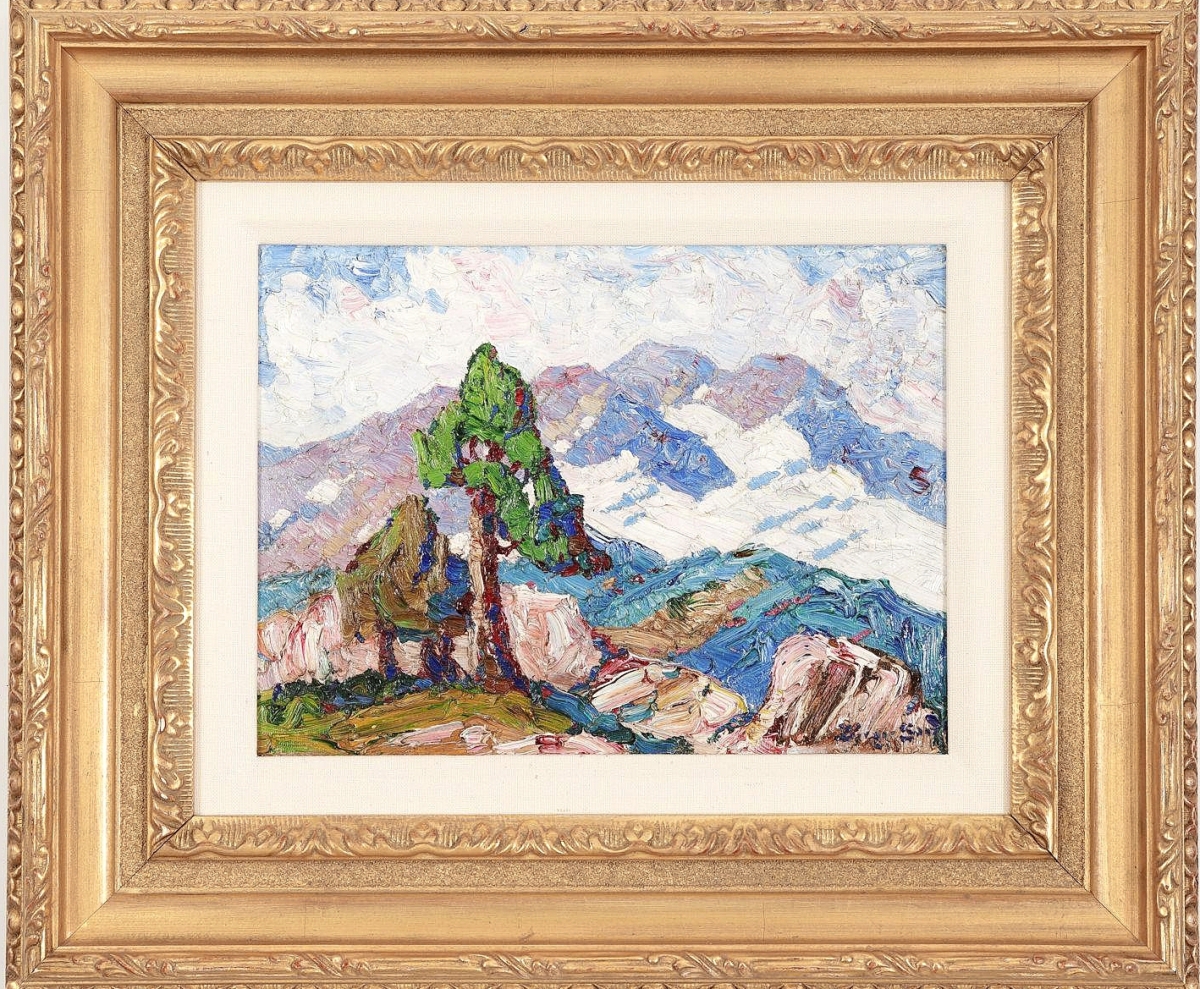 Leading three works by Birger Sandzén (Swedish/American, 1871-1954) was “Snow and Mountain,” which was done in 1925 in oil on board. With provenance to Douglas A. Frazier Fine Art and a private Arizona collection, Lark Mason was thrilled that it brought $30,002 from a collector in the United States ($10/15,000).