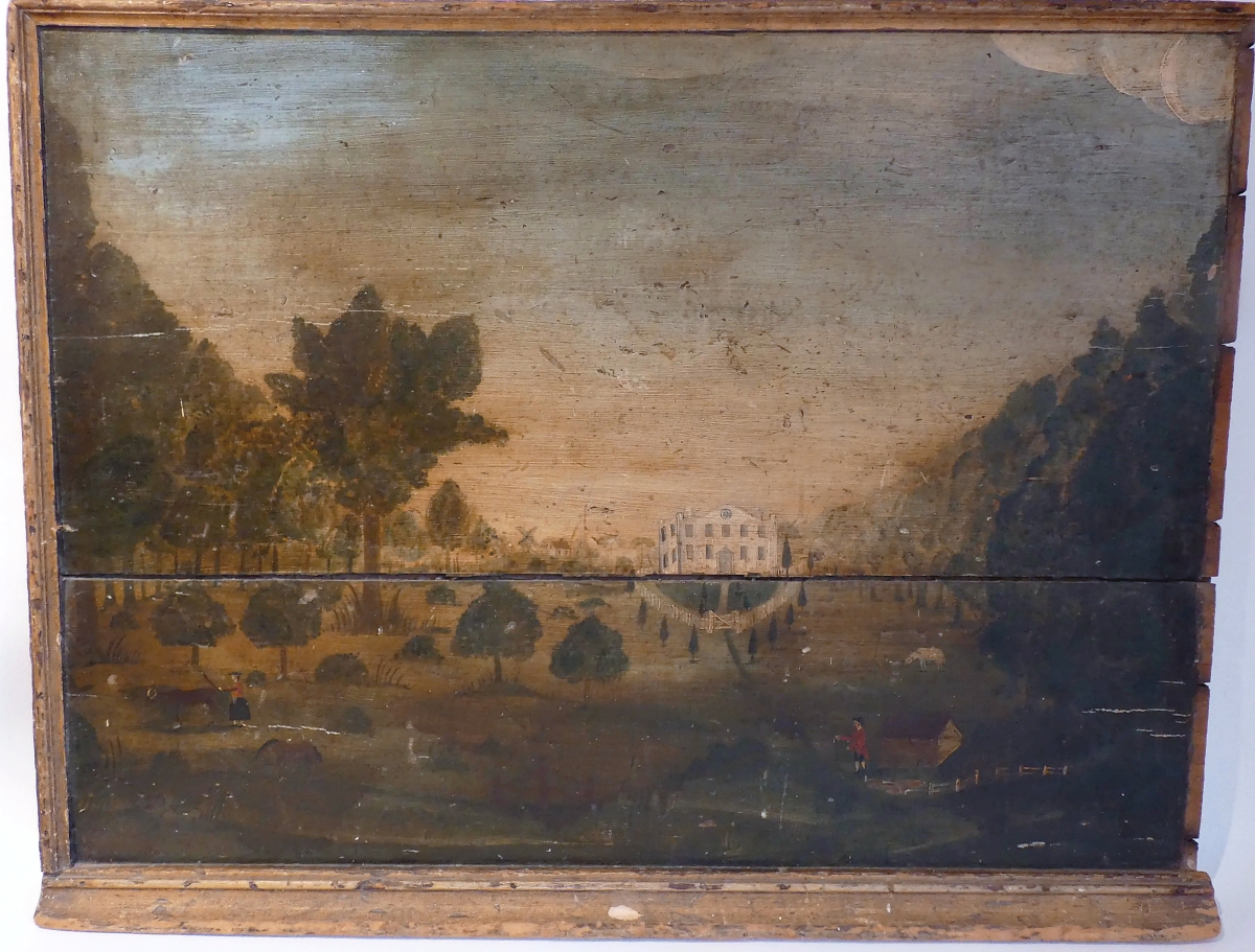 Featuring an early colonial estate, this fireboard with original paint sold for $13,750 to a buyer in Michigan. The auction house dated it to circa 1830 and found it in Greig estate.