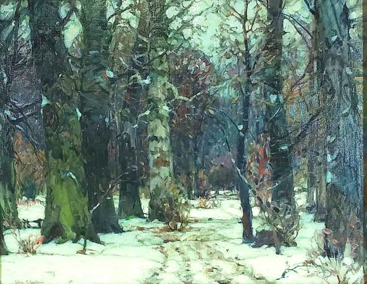 The sale’s top lot was “Woodland Peace” by John Fabian Carlson, an oil on canvas that brought $11,400. The only evidence of civilization is seen in the footprints in the snow.