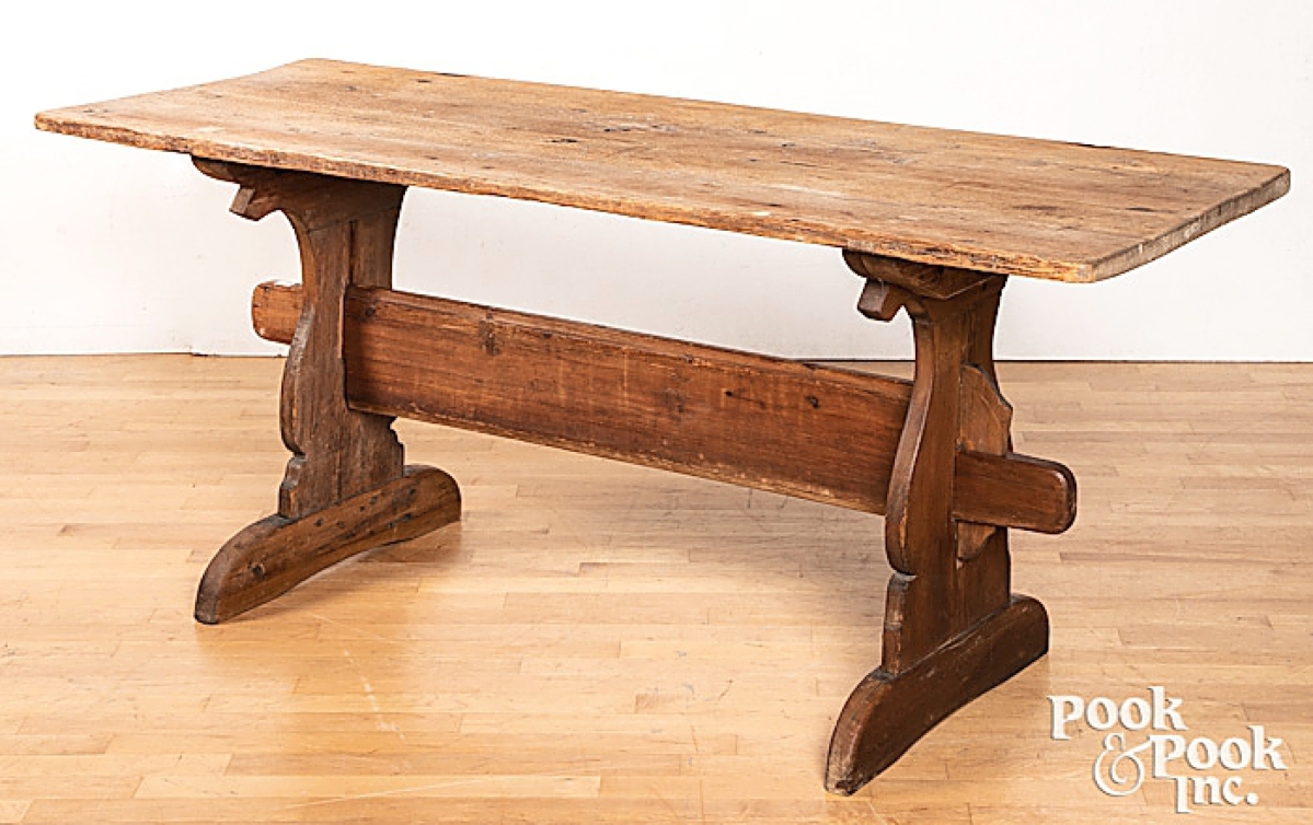 A trade buyer from Pennsylvania paid $3,528 for this Nineteenth Century pine trestle table ($400/700).