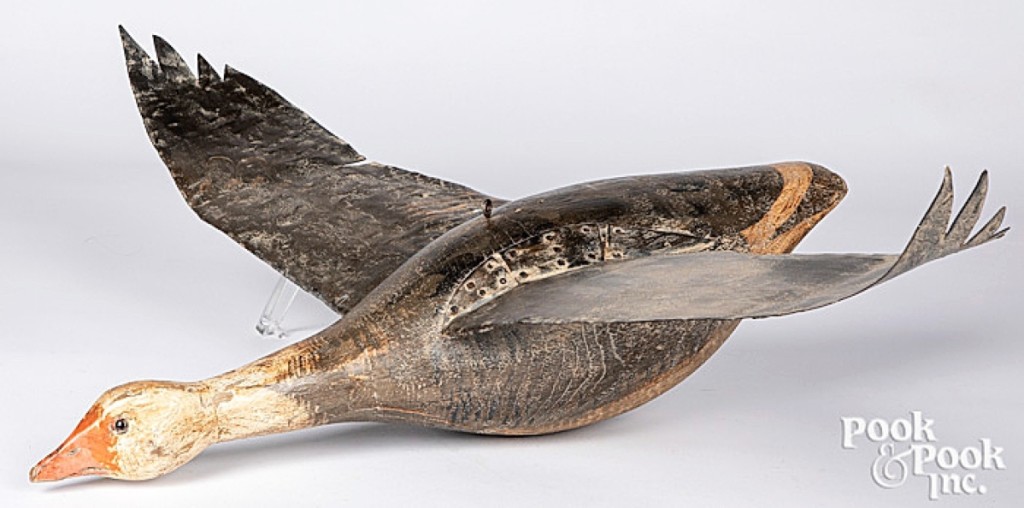 The price of $3,465 paid by a New England collector for this carved and painted flying Canada goose decoy by Lou Schifferl (Wisconsin, b 1931) may be a record for a Schifferl decoy ($300/500).