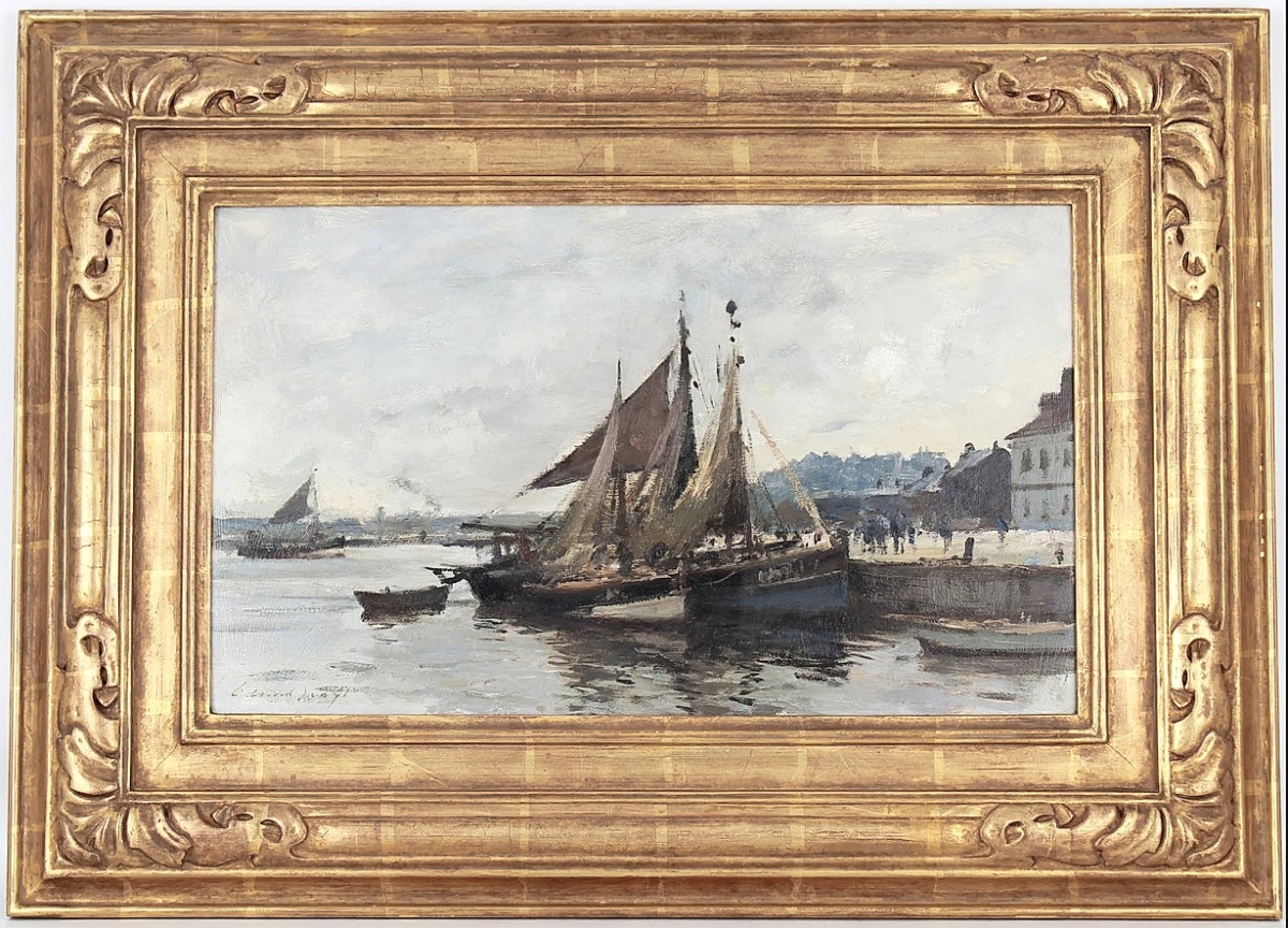 Measuring 21 by 29 inches in the frame, “Honfleur Harbor” by Edward Brian Seago (British, 1910-1974) was done in oil on board and sold to a buyer in the United Kingdom for $18,150. It was one of a few high prices realized for maritime and nautical paintings in the sale from an Orlando, Fla., collection ($6/9,000).