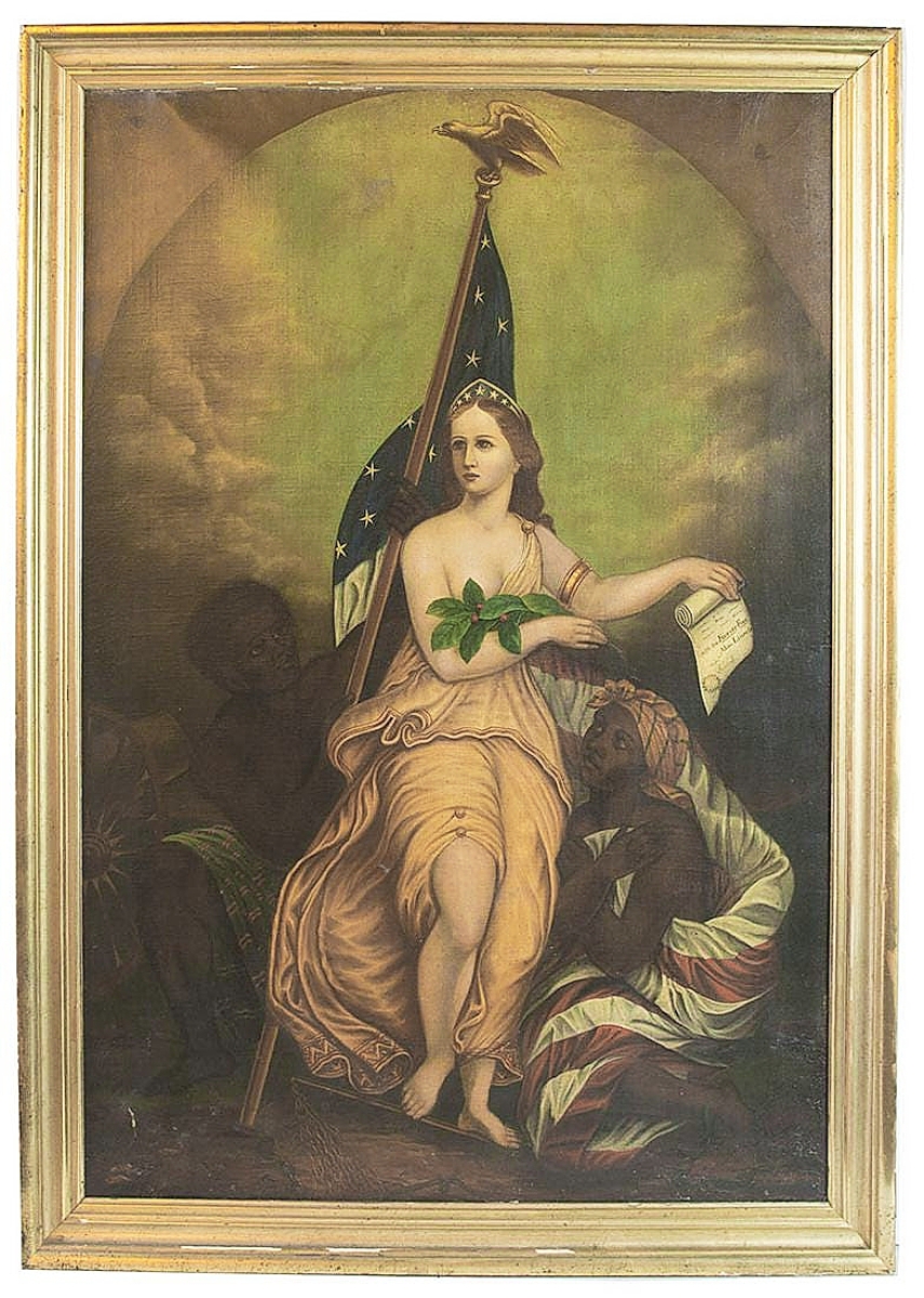 The second highest price of the day, $31,250, was realized for this large oil painting of Lady Liberty with a crown, holding the Emancipation Proclamation. The American flag behind her was being held by a male freed slave, and there were other items in the painting reflecting the end of slavery.