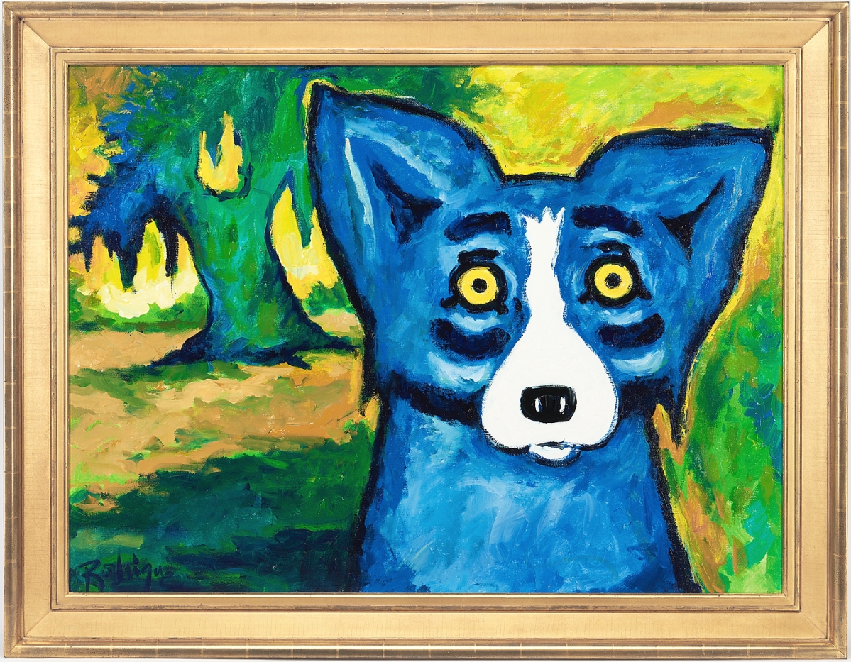 An acrylic on canvas by Louisiana artist George Rodrigue (1944-2013) of the artist’s iconic blue dog, “Trees Are Green; Dogs are Not Supposed to be Blue,” sold for $90,000. It measured 36 by 48 inches and was acquired from the artist’s gallery in 2012, a year before he died. The firm noted the painting was begun by Rodrigue on November 11, 2010, during an event at the Central School Arts and Humanities Center in Lake Charles, La., to raise funds and awareness for the George Rodrigue Foundation for the Arts.
