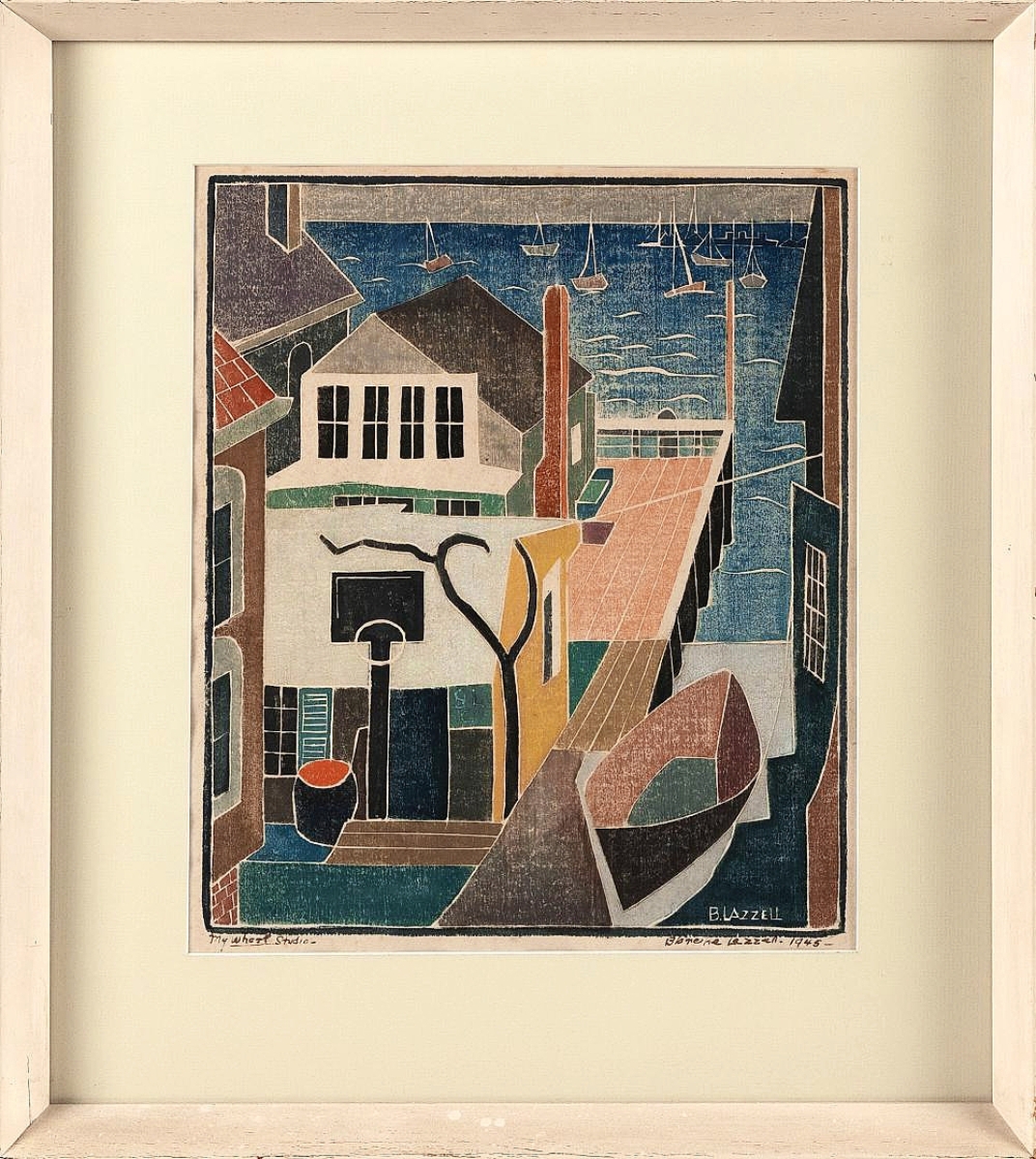 “My Wharf Studio” by Blanche Lazzell (American, 1878-1856), 1945, whiteline woodblock print, came from a Provincetown, Mass., estate and sold to a buyer from Provincetown for $150,000 ($35/45,000).