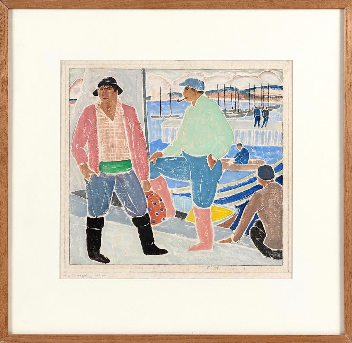Bror Julius Olsson Nordfeldt’s whiteline print “The Shoregoing Sailor” measured 19 by 20 inches in the frame and sold to a phone bidder for $87,500. Eldred and his team could not find any auction records of the work selling previously ($3/5,000).