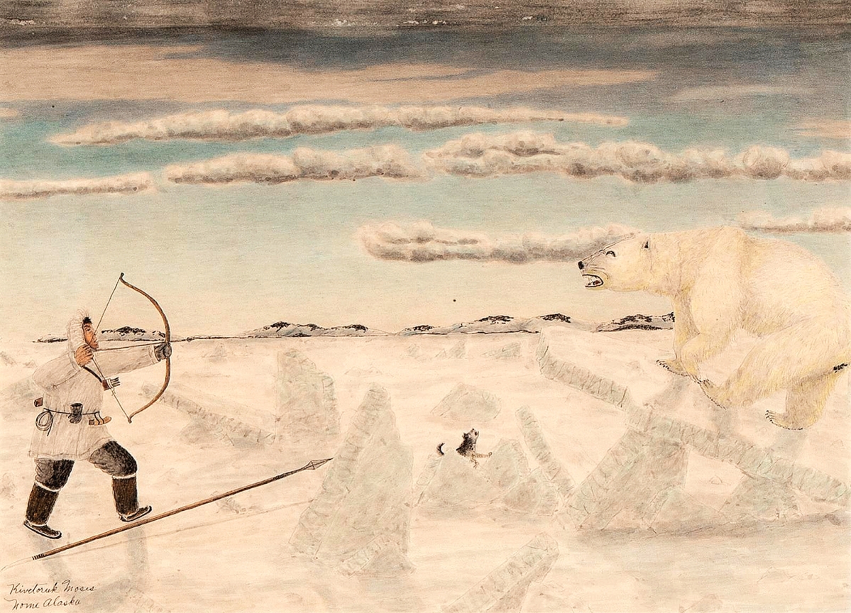 This untitled watercolor and ink on paper painting by James Kivetoruk Moses (1900-1982) depicted a polar bear hunt and bore an inscription that read “purchased at Nome Alaska 1969 for $140,” it has improved considerably since then, bringing $11,400 ($ ,000).