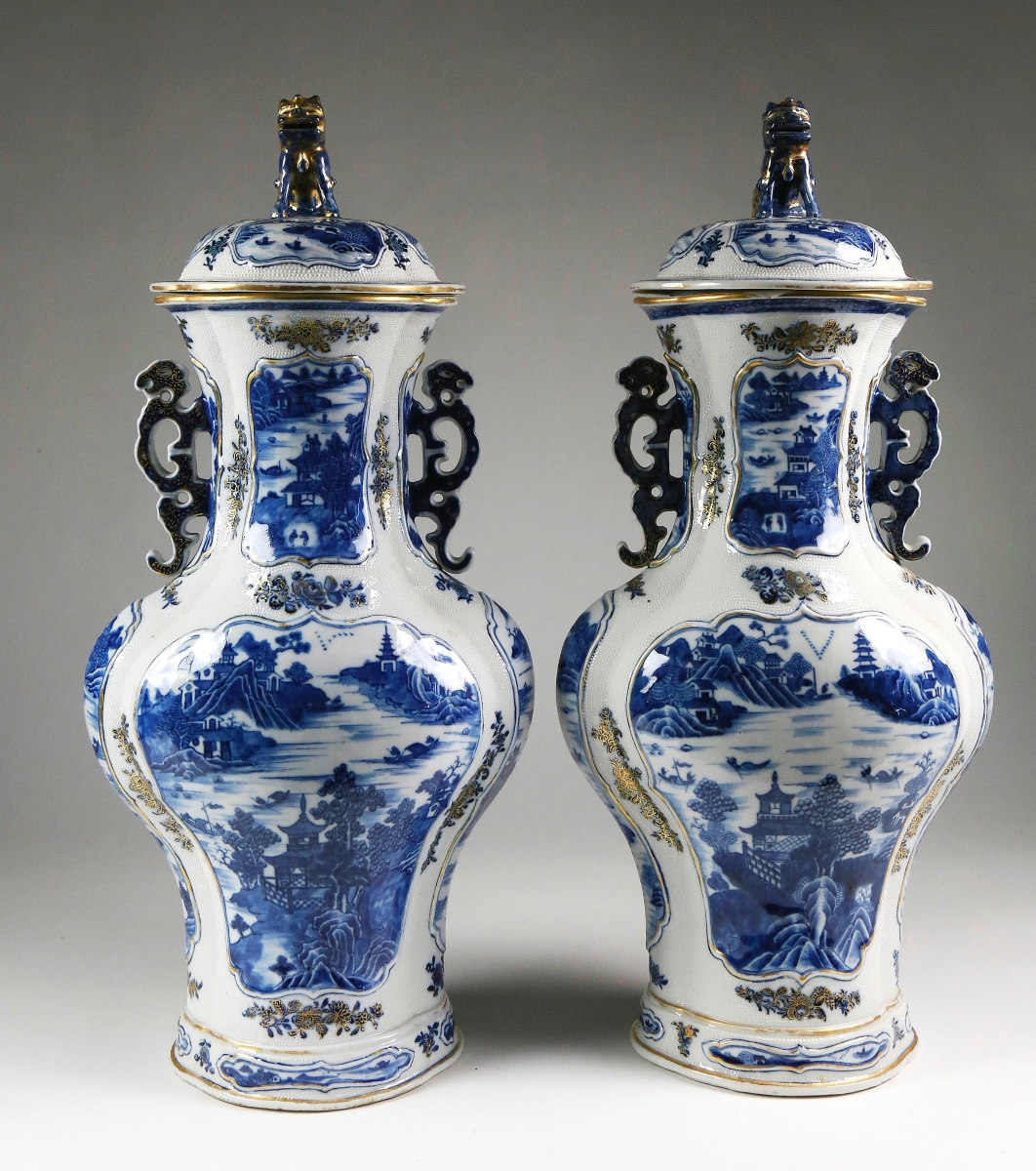 A longtime Osona client decided to surprise his wife with a gift of this pair of Eighteenth Century Chinese export porcelain baluster vases with covers. He prevailed on the phone, paying $54,900 for the 21-inch-high vases that featured blue underglaze, ten cartouche-shaped on-versa pieces reserved from a chicken skin ground, applied leopard handles, foo lion finials, embellished with gilt detailing.