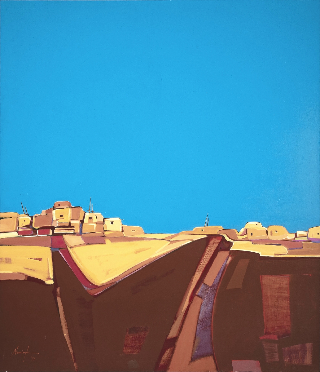The brilliant blue sky of this untitled acrylic on canvas by Dan Namingha made a striking contrast to the landscape below. Bidders must have liked it; one pushed it to $10,200 ($6/8,000).