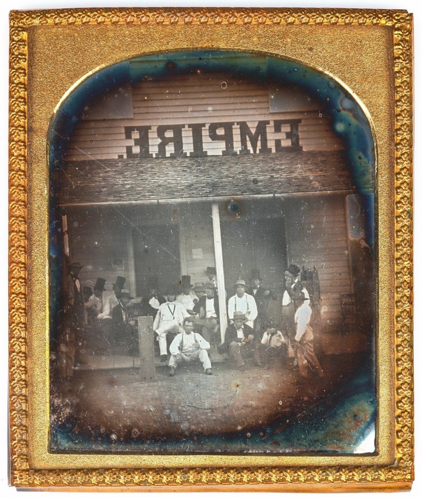 A sixth-plate daguerreotype documenting a group of men gathered outside the storefront of the Empire was taken by bidders to a final price of $5,664 against a $500-$1,500 estimate.