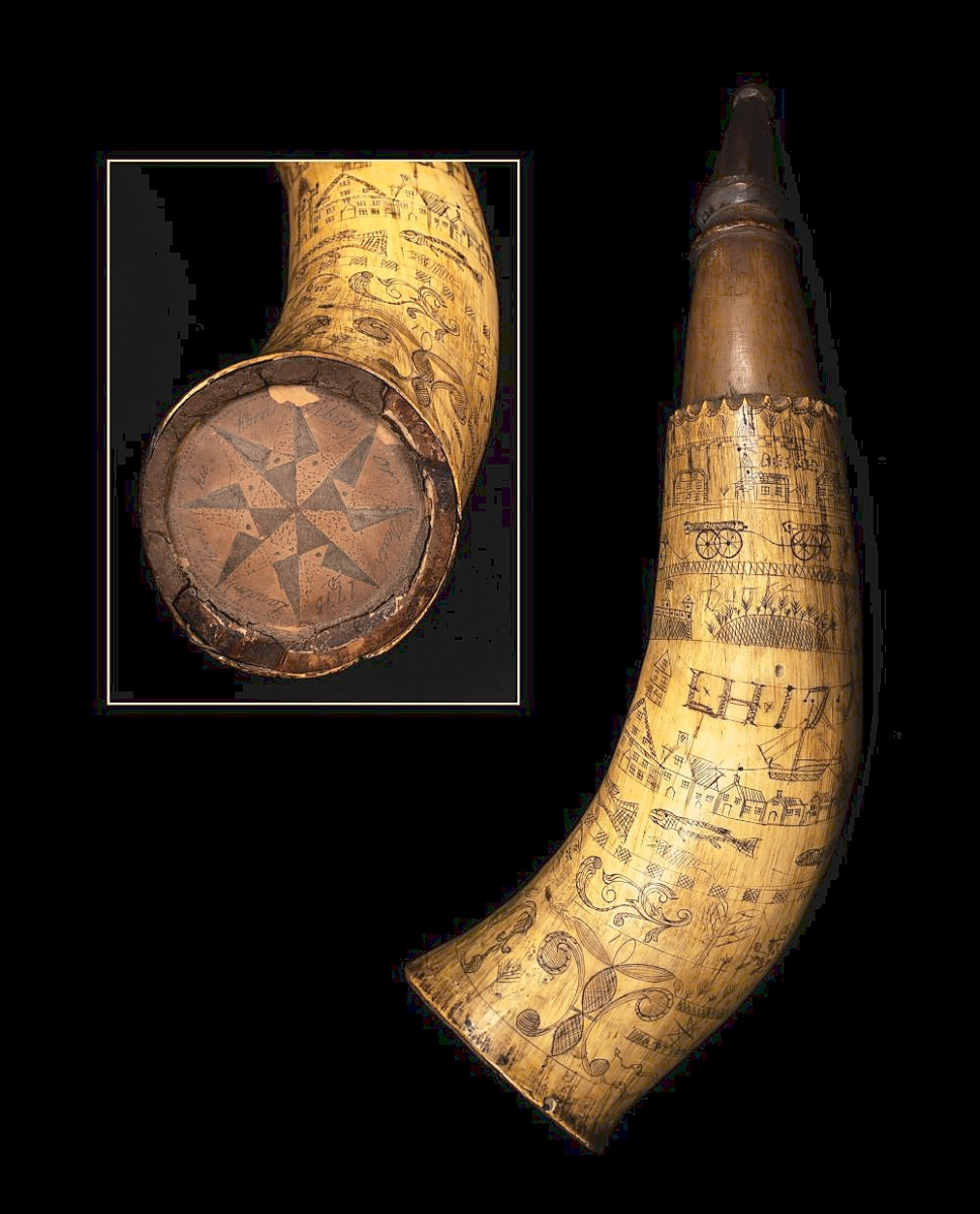 Among several items consigned from the Hood family from New Hampshire was this Eighteenth Century American Revolutionary powder horn that finished at $26,400, more than twice its high estimate. Dated and signed “LH (Landon Hood) 1775, June 28,” it was decorated around the outside with houses, cannons, buildings, trees, fish and numerous designs. Hood was from Taunton, Mass., born around 1750 and died in 1839, having served as a private in the Massachusetts militia from 1775 to 1780.