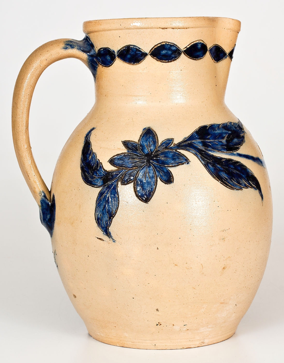Crocker Farm attributed this salt-glazed stoneware pitcher to Henry Harrison Remmey as he worked in Philadelphia in 1856. The bold decoration lured bidders to $18,000.