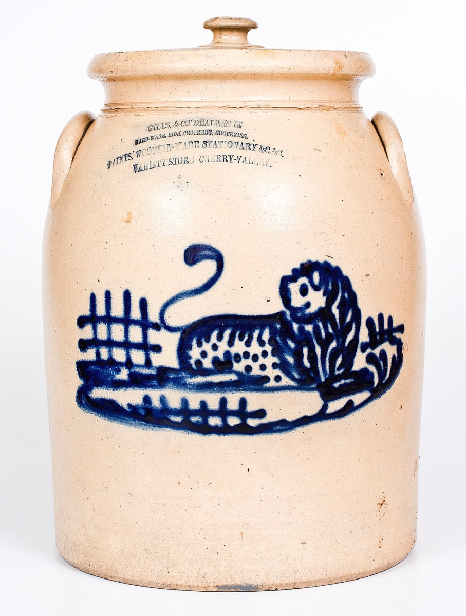 Selling for $42,500 was the fourth highest lot in the sale, a four-gallon lidded stoneware jar attributed to J&E Norton. With an image of a reclining lion, the advertising jar was made for Giles & Co, a dealer of hardware, iron, crockery, groceries, paints, woodenware, stationary and more. The general store was located in Cherry Valley, N.Y.