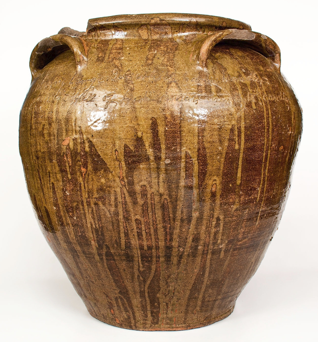 As of today, the highest grossing work of American pottery is a 25-gallon jar by enslaved African American potter Dave Drake. The jar sold for $1,560,000 in Crocker Farm’s sale, besting an $800,000 record-holding result on a John Bartlam teapot in 2018. It features the poem “A very Large Jar which has 4 handles / pack it full of fresh meats- then light candles” and is signed and dated April 12, 1858. The work was discovered by folk art scholar John Burrison, who consigned it. An as-yet unnamed institution purchased it.