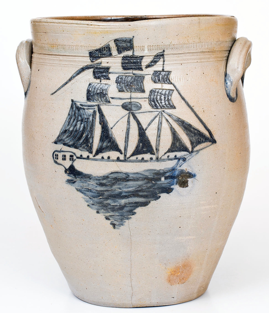 In the firm’s December sale, Crocker Farm got a six-figure result for a stoneware cooler with incised ship. The market offered up another in this 3-gallon jar of New Jersey origin that sold for $21,600. It measured 12¾ inches high.