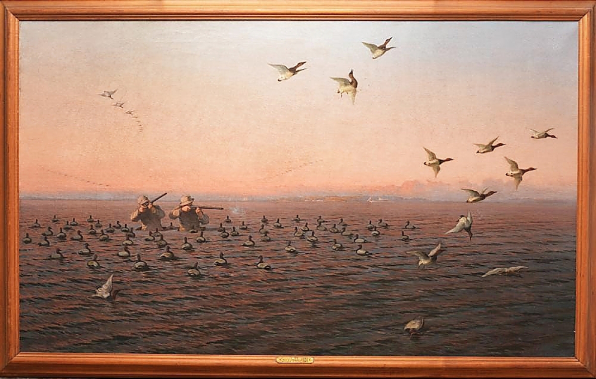 A large oil painting, illustrated by a fold-out plate in the catalog, was expected to be one of the stars of the sale and it was. Done by Herman Gustav Simon and selling for $102,000, it was titled “Double Battery Susquehanna Flats” and was a scene of two well-dressed hunters rising from a sinkbox with canvasback ducks flying overhead.