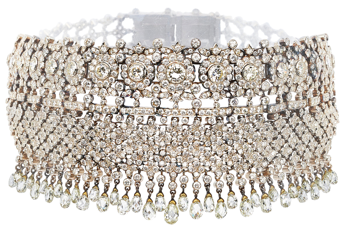 This diamond and white gold necklace typified the late Art Deco period in India and featured more than 100 diamonds and weighed approximately 36 carats. A buyer in the United States paid $47,500 for the piece, which Carolyn Mani said was one of her favorites.