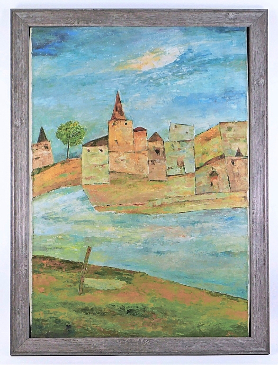 Top lot in the sale was this abstract architectural oil painting by Ram Kumar (Indian, 1924-2018), selling for $21,250 to a collector in Great Britain. Part of the artist’s “Beneras” series, the work depicts brown buildings against a vibrant blue sky from the opposite side of a river.