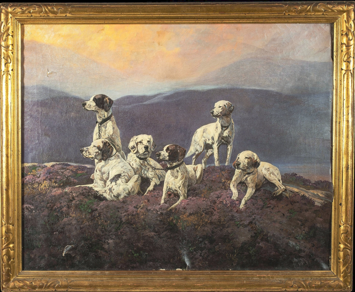 A Nineteenth Century American or Scottish School oil painting of six hunting dogs resting on a hilltop sold for $11,400.