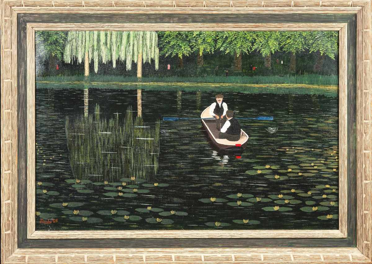 Camille Bombois’ (French, 1883-1970) oil on canvas view of two gentlemen in a rowboat, “Rowing on a Pond,” fetched $14,400.