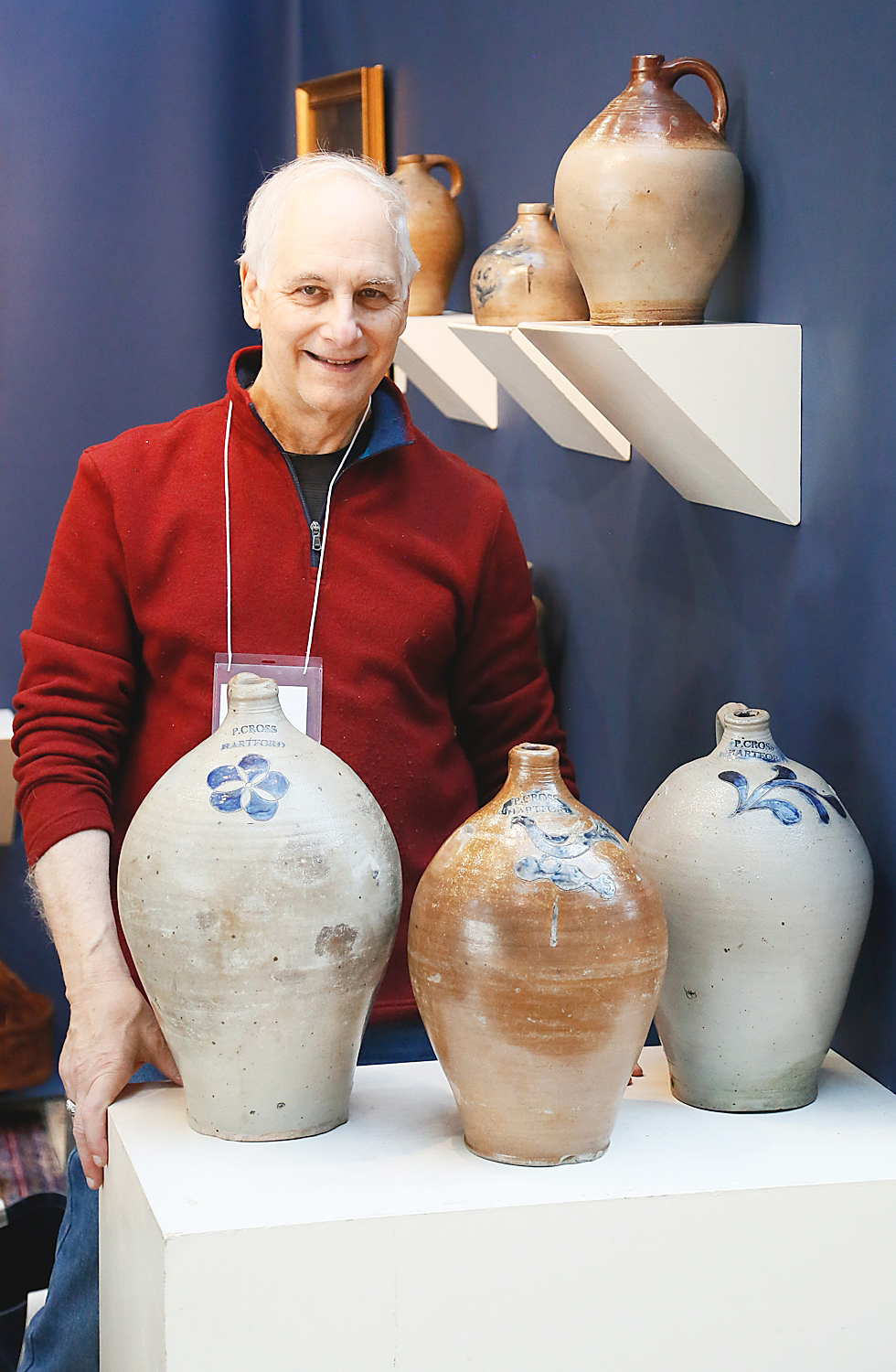German stands with a selection of stoneware jugs by Hartford maker Peter Cross at the Connecticut Spring Antiques Show, 2018. Photo Greg Smith.