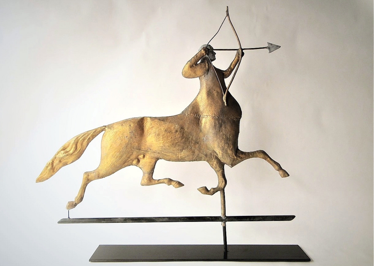 Taking second place by a narrow margin was this Nineteenth Century weathervane in the form of a centaur with bow and arrow and featuring the head of George Washington. David Straight found it in a Berkshire, Mass., collection and sold it to buyer in California for $3,750 ($5/10,000).