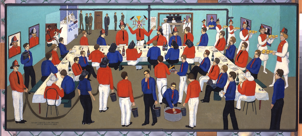 “Union Square Fire Brigade” by Wood Gaylor (1883-1957), 1930. Oil on canvas, 16¼ by 37¼ inches. Portland Museum of Art, Maine. Hamilton Easter Field Art Foundation Collection, gift of Barn Gallery Associates, Inc., Ogunquit, Maine. Photo Melville McLean.