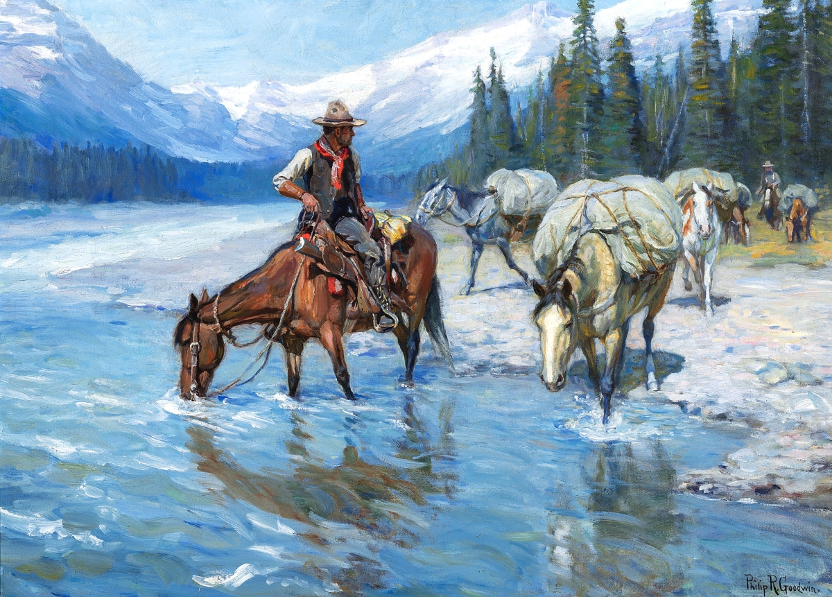 “Hitting the Trail,” a 24-by-33-inch oil on canvas by Philip R. Goodwin sold for $453,750. Goodwin was largely a sporting and wildlife artist, but Mike Overby said the pack train image seen here provided crossover interest to more traditional Western art collectors. This image was reproduced numerous times by the Brown & Bigelow company on its calendars, the auction house noting, “It seemed as if the image was everywhere in America...One of the finest paintings he ever completed.”