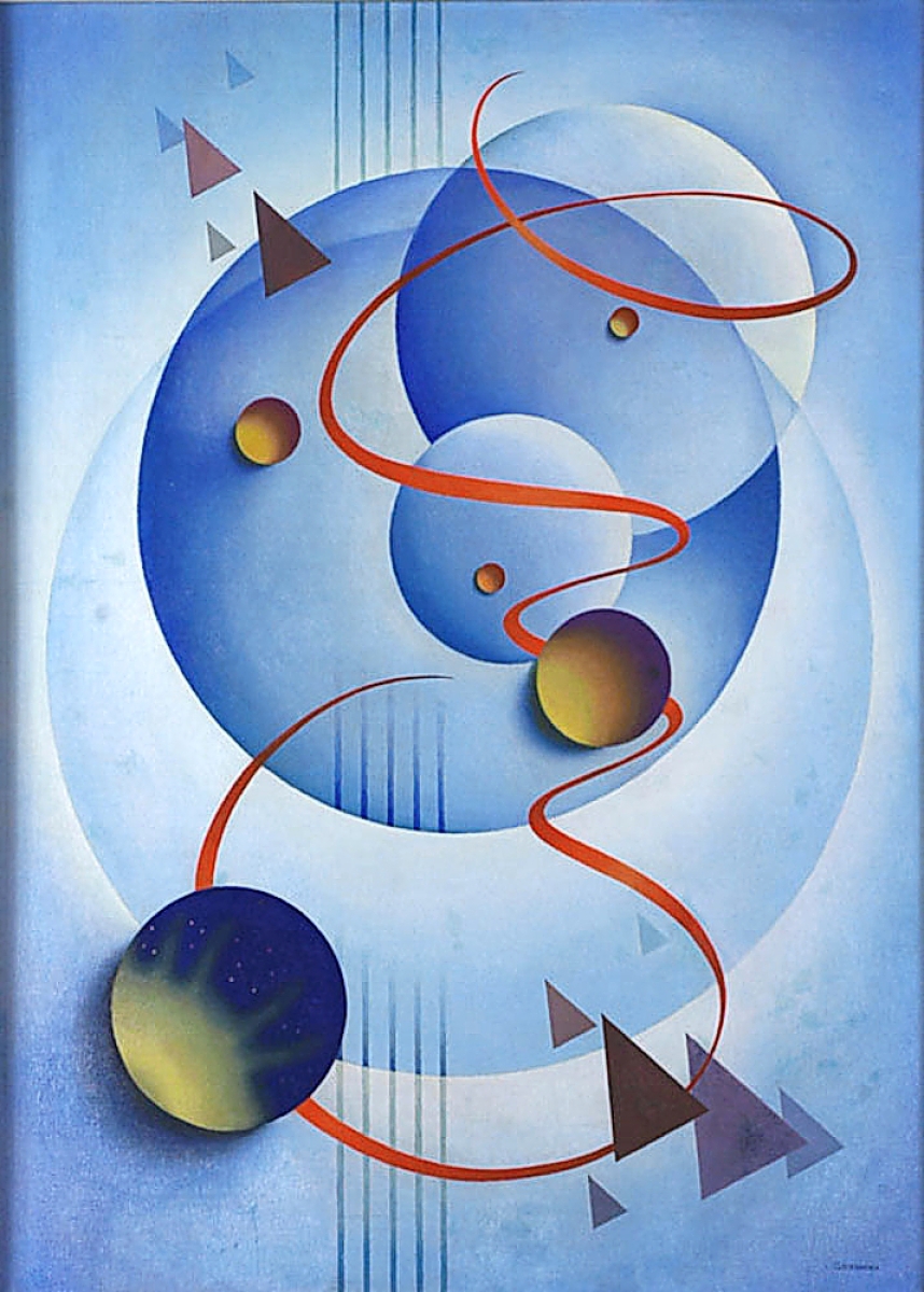 “Composition #57/Pattern 29” by Robert Gribbroek, 1938. Oil on canvas, 36 by 27 inches. Fine Arts Museums of San Francisco, The Harriet and Maurice Gregg Collection of American Abstract Art 2019.42.