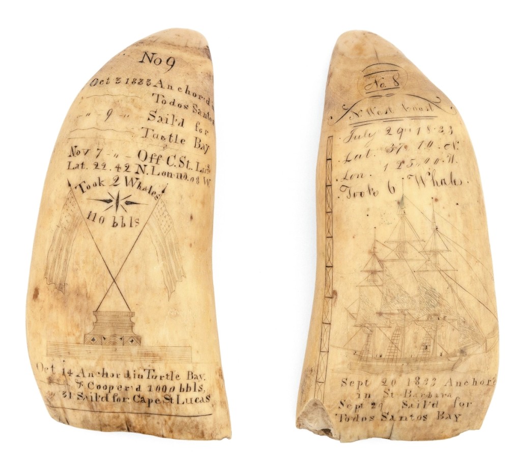 The sale’s top lot was a pair of “Log Teeth” that brought $93,750. They were signed by Josiah Sheffield Jr and were found in a home in upstate New York before 2006. “They’re the only known pieces of authentic scrimshaw that document a whaling voyage in the form of a logbook entry,” said Cheryl Stewart. They are numbered 8 and 9, giving hunters hope to find the first seven chapters of the 1831-35 voyage of the New Bedford whaleship Timoleon.