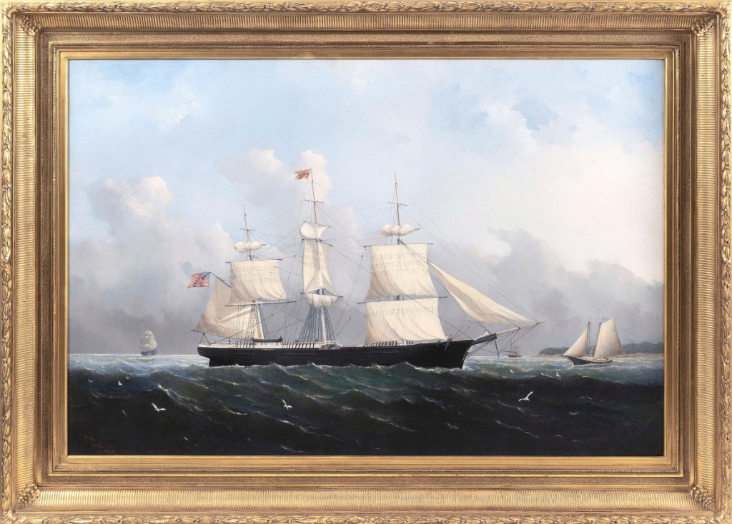 The sale’s top painting was “Starboard View Portrait Of The Ship Harry Bluff” by William Bradford (1823-1892), which took $59,375. The auction house wrote, “It is one of his later ship portraits, and the controlled execution of the color, structure and highlighting of the water and the fine rendering of the sails rank it as one of his best.”