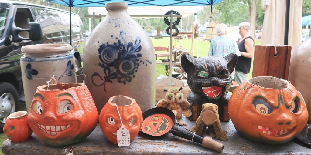 Charles Guinipero of Pantry Box Antiques, Stafford Springs, Conn., turned heads with American stoneware and vintage Halloween decorations.