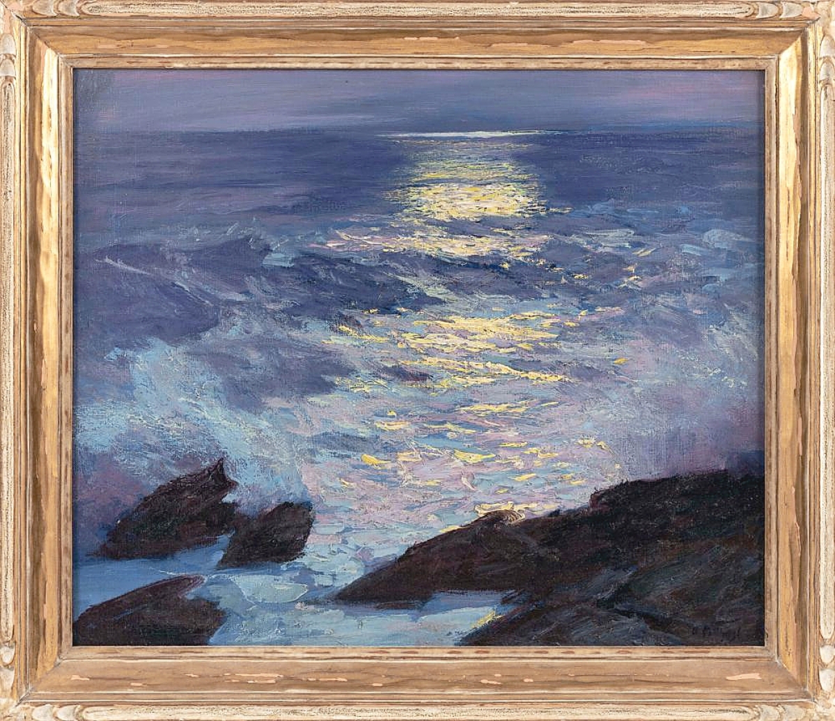 Three phone bidders competed against online interest in Edward Henry Potthast’s “Moonlit Seascape,” which sold to an American phone bidder for $162,500. Done in oil on canvas, it measured 24½ by 28½ inches in the frame and was the top price realized in the three days of sale ($20/30,000).