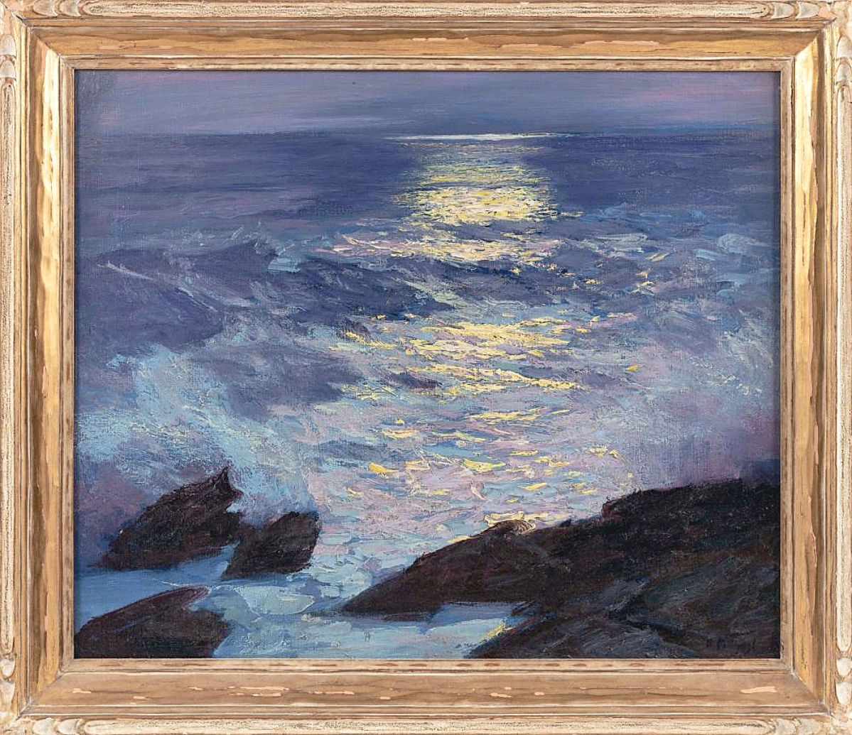 Three phone bidders competed against online interest in Edward Henry Potthast’s “Moonlit Seascape,” which sold to an American phone bidder for $162,500. Done in oil on canvas, it measured 24½ by 28½ inches in the frame and was the top price realized in the three days of sale ($20/30,000).