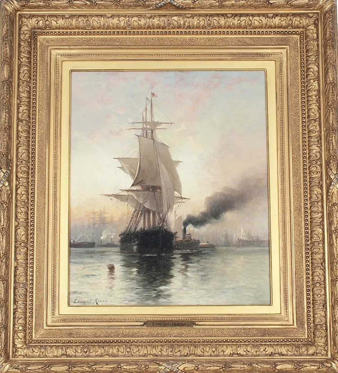 “Summer Morning New York” by Edward Moran (1829-1901) typifies the luminous paintings the artist is known for and brought the top price of the sale. The 30-by-27-inch framed oil on canvas had provenance to Vallejo Gallery in Newport Beach, Calif., and came from an Orlando, Fla., private collection. A private collector in Nashville, Tenn., had competition from the phones and online bidders but won it for $32,000 ($15/20,000).