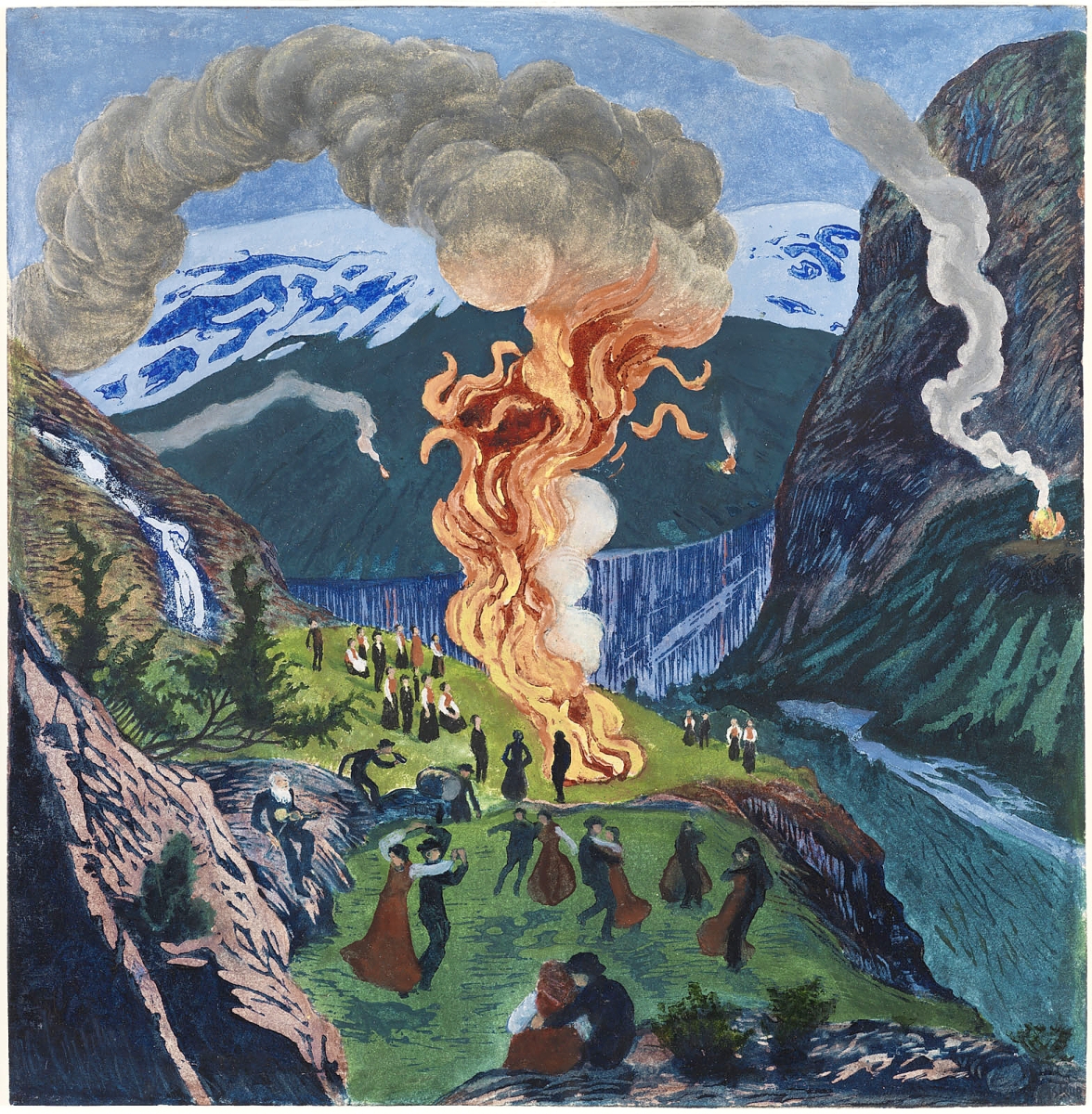 “Midsummer Eve Bonfire” by Nikolai Astrup, woodblock before 1917, print after 1917. Color woodcut on paper. Private collection.