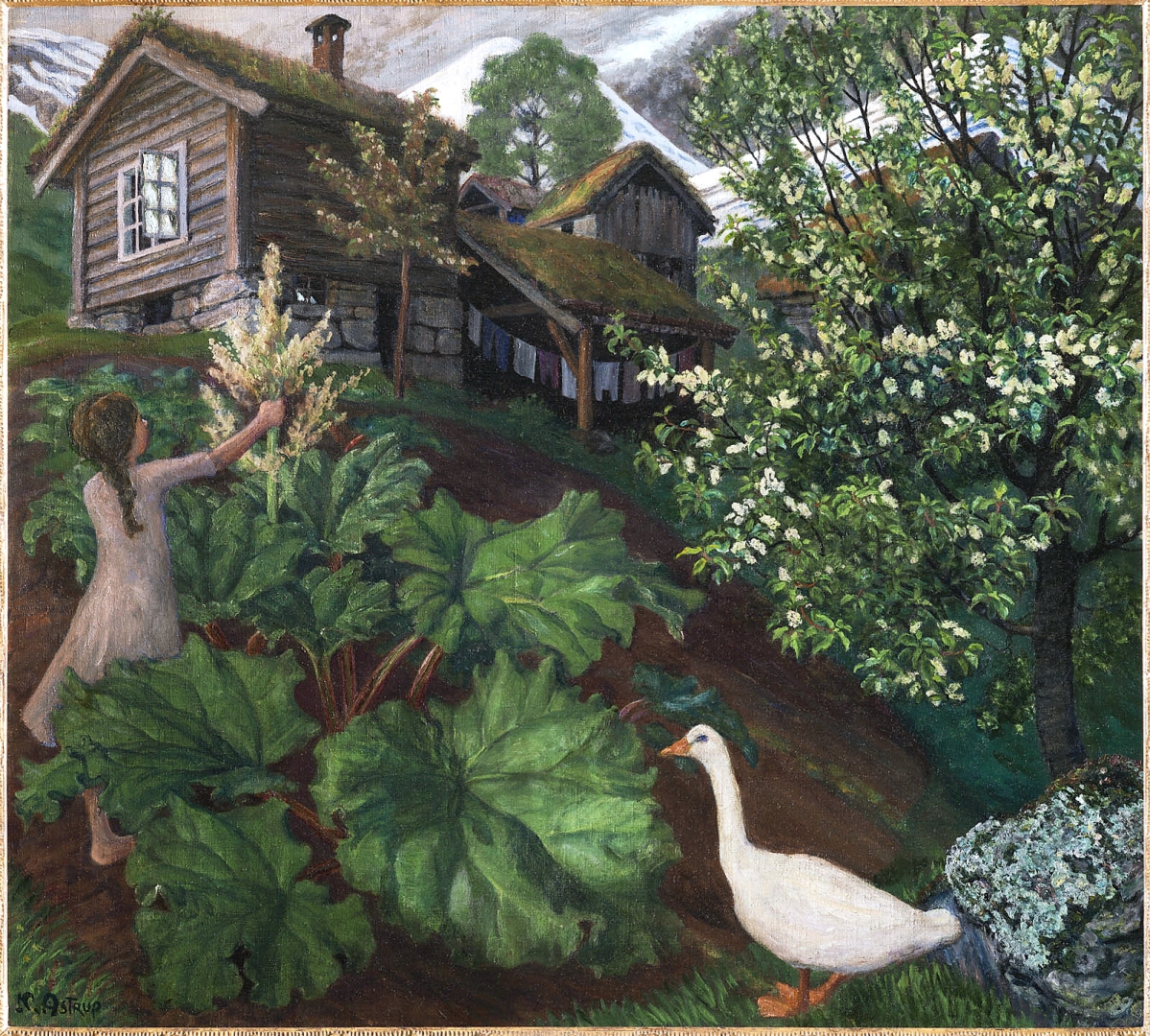 “Night Light, Rhubarb, Goose and Bird Cherry Tree” by Nikolai Astrup, circa 1927. Oil on canvas. Private collection.