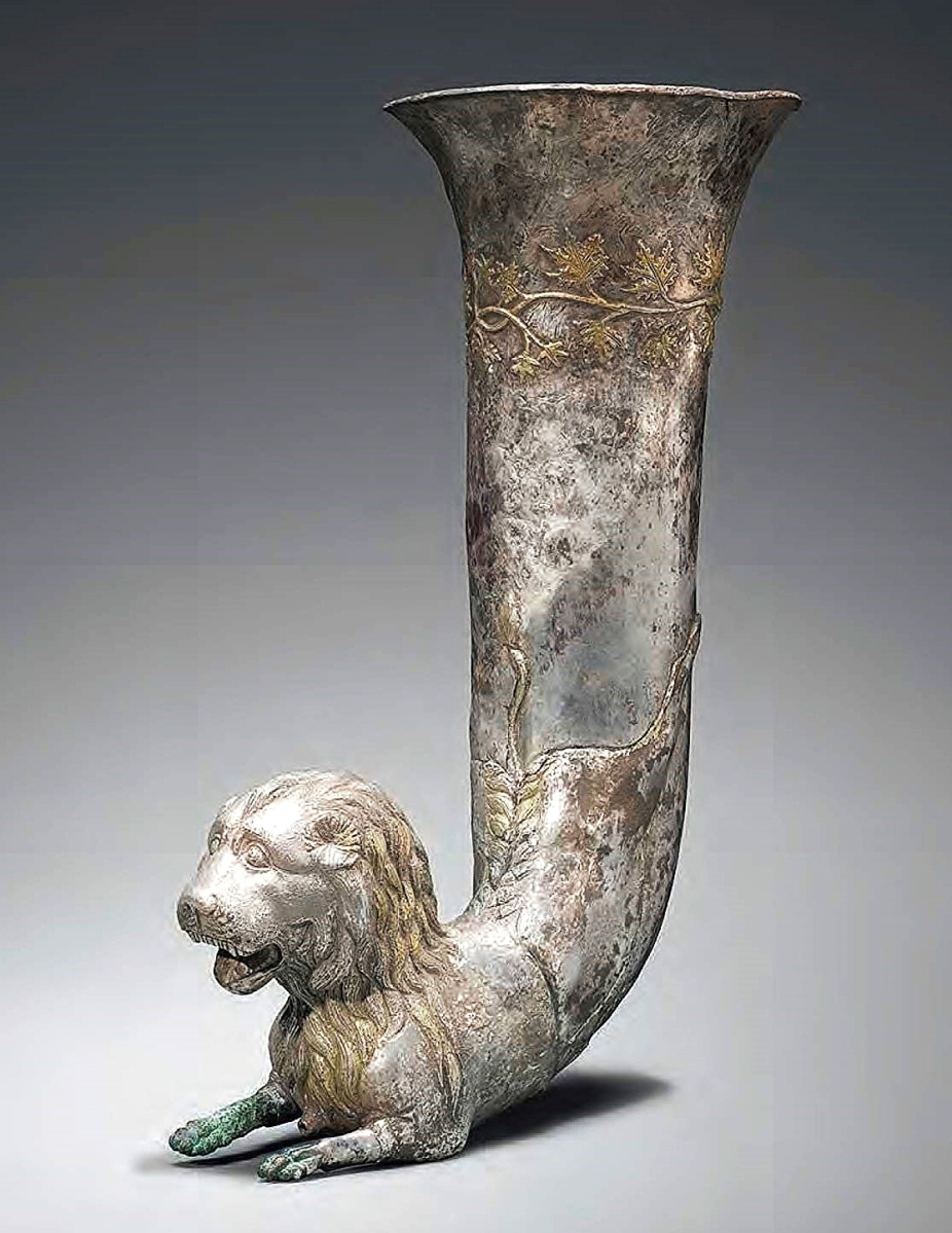 Rhyton, Achaeminid Empire, 500-330 BCE,   silver gilt, The Sarikhani Collection.