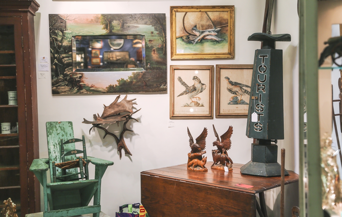 Sale tags were found on the child’s Westport Chair at left and the Tourist lantern at right. David Zabriskie, Lake Placid, N.Y., had an industrious show selling his Adirondack and Americana wares.