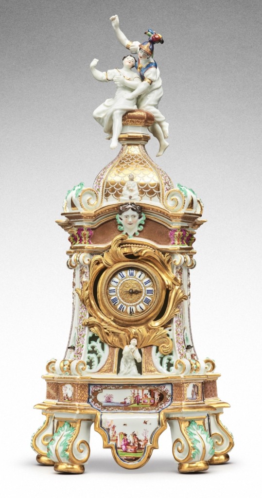 A highly important documented and dated Meissen mantel clock case, dated 1727, was the top lot and sold for $1,593,000, going to Rijksmuseum.