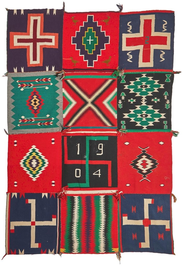 A Navajo/Dine Germantown blanket from 1904 with 12 sampler panels sewn to create one large textile (75 by 59 inches) that earned $4,375 had been created in 1905 as a bedspread in Princeton dorm room, according to catalog notes.