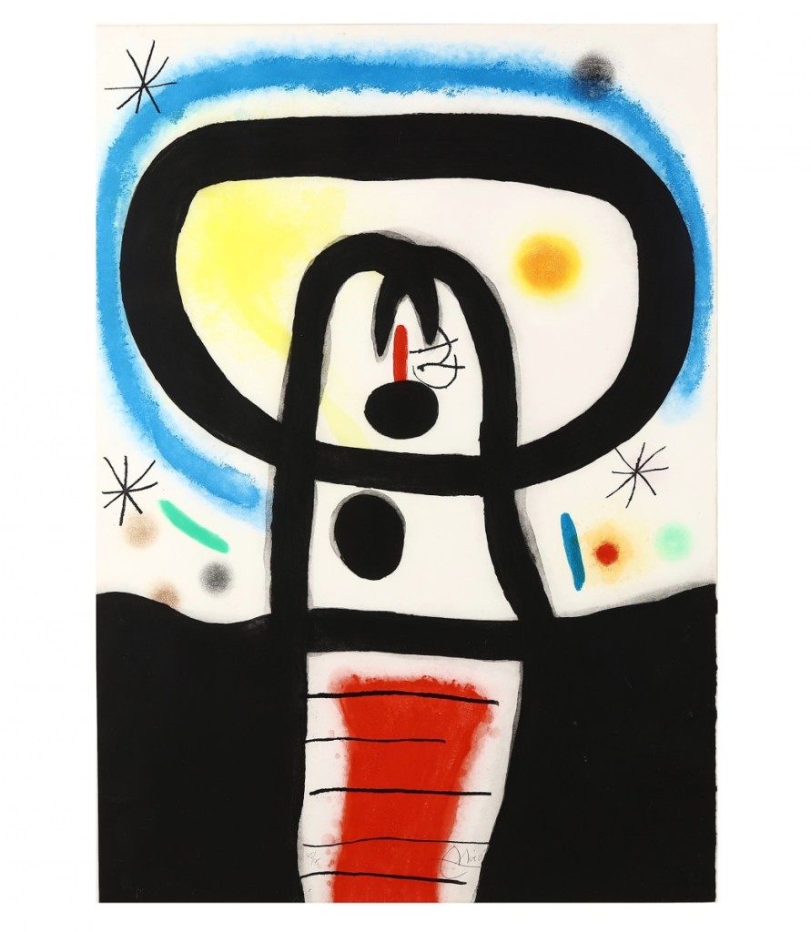 A phone bidder paid $45,600 for “Equinoxe” by Joan Miro (Spanish, 1893-1983), a color etching, aquatint and carborundum print, done in 1967 and #45 from an edition of 75. The piece had been printed by Art Adrien Maeght and published Maeght Éditeur on Chiffon de Mandeure paper measuring 41-  by 29 inches. It came from a private collection in Chapel Hill, N.C. ($30/50,000).