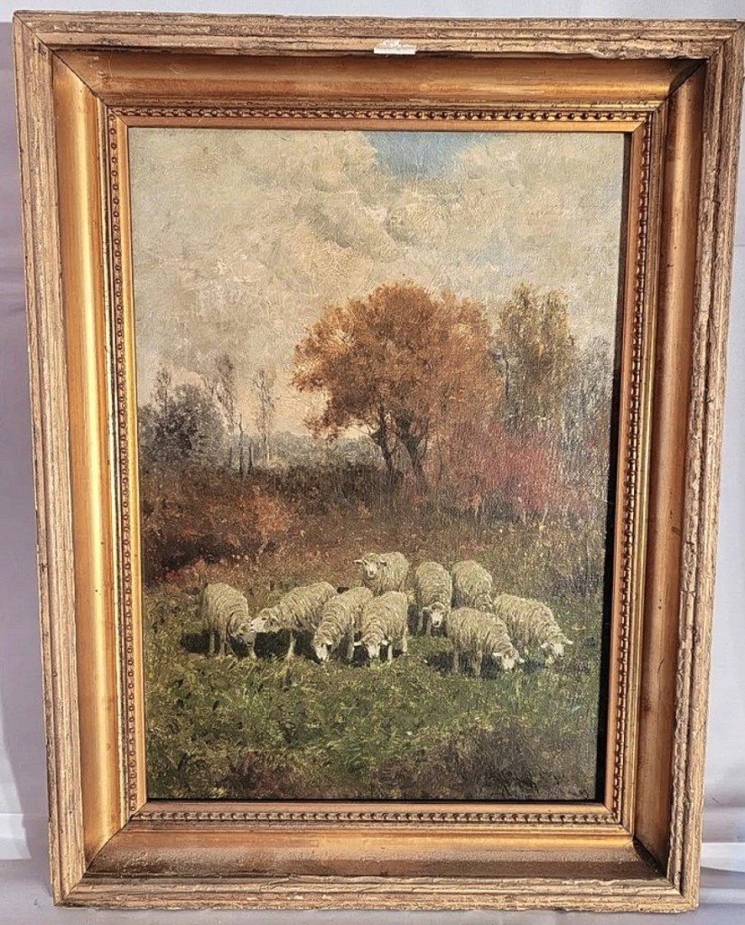 The second highest price in the sale was $3,480, for “Grazing Sheep” by Charles T. Phelan (American, b 1840). The oil on canvas measured 17 by 13 inches.